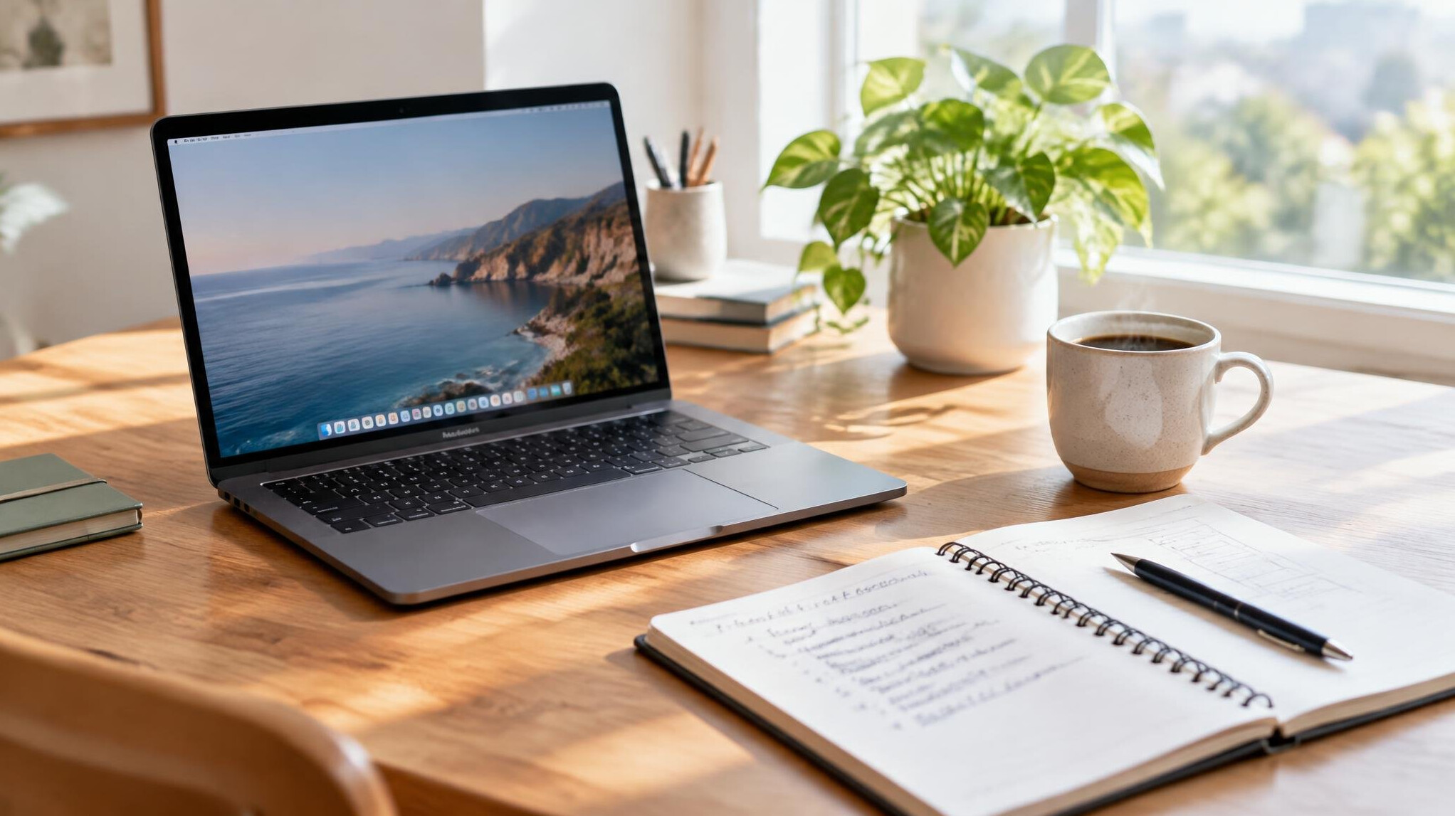Laptop and coffee cup on a wooden desk with a notebook